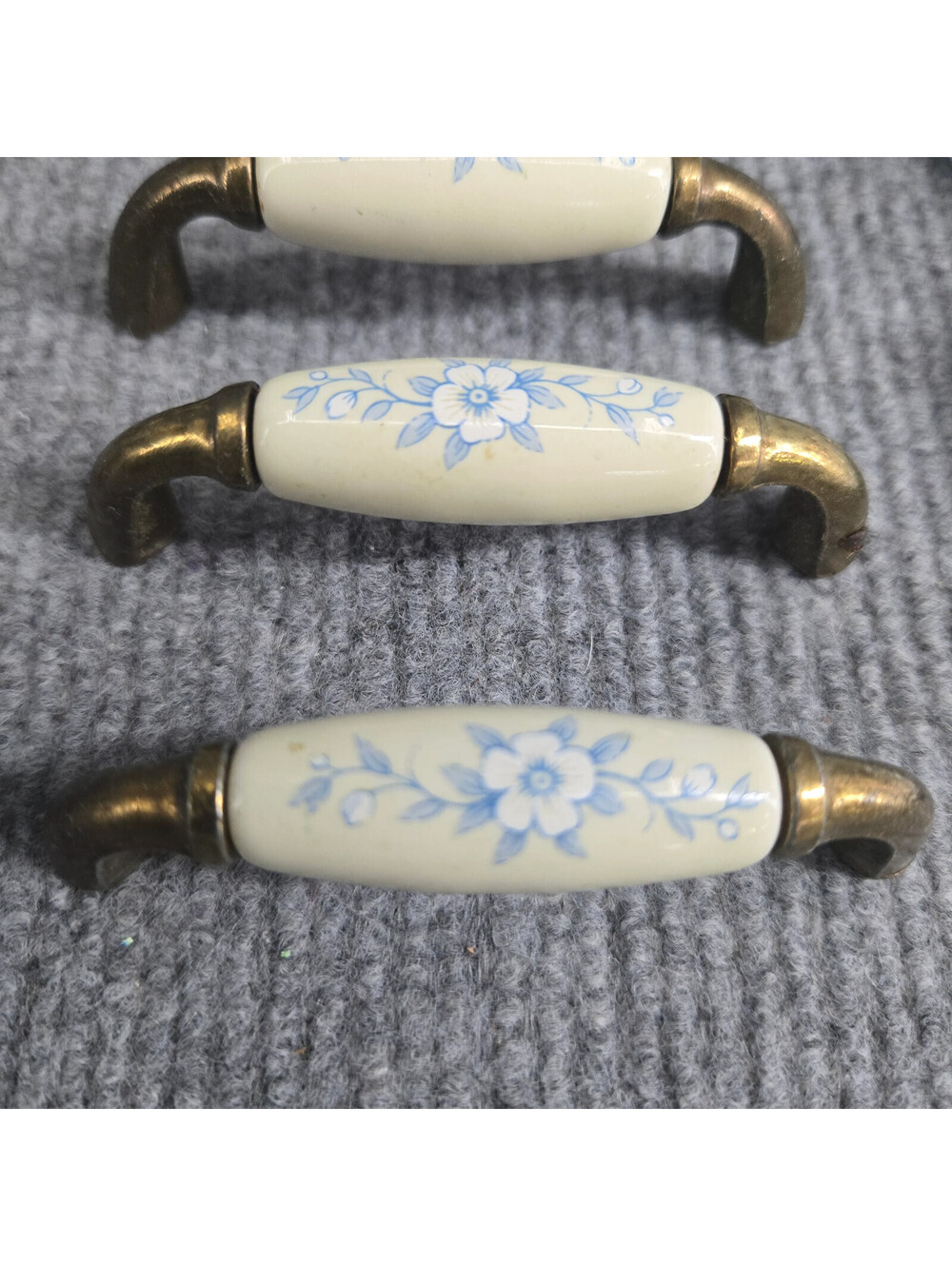 Vintage Ceramic Blue Floral Drawer Pulls Brass Handles Set